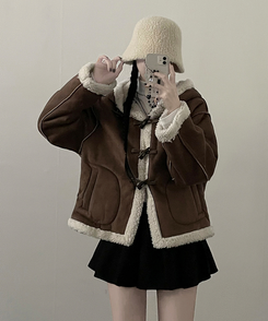 스웨이드떡볶이더플양털후드숏자켓무스탕 밤색