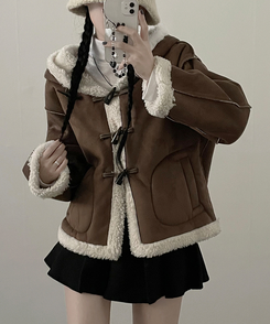 스웨이드떡볶이더플양털후드숏자켓무스탕 밤색