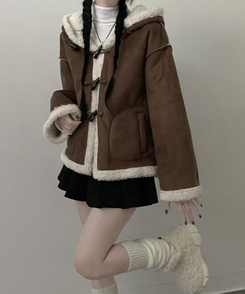 스웨이드떡볶이더플양털후드숏자켓무스탕 밤색