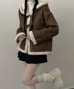 스웨이드떡볶이더플양털후드숏자켓무스탕 밤색