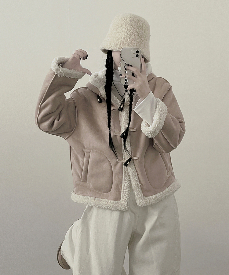 스웨이드떡볶이더플양털후드숏자켓무스탕 베이지