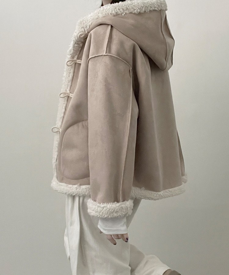 스웨이드떡볶이더플양털후드숏자켓무스탕 베이지