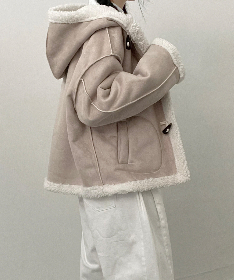 스웨이드떡볶이더플양털후드숏자켓무스탕 베이지