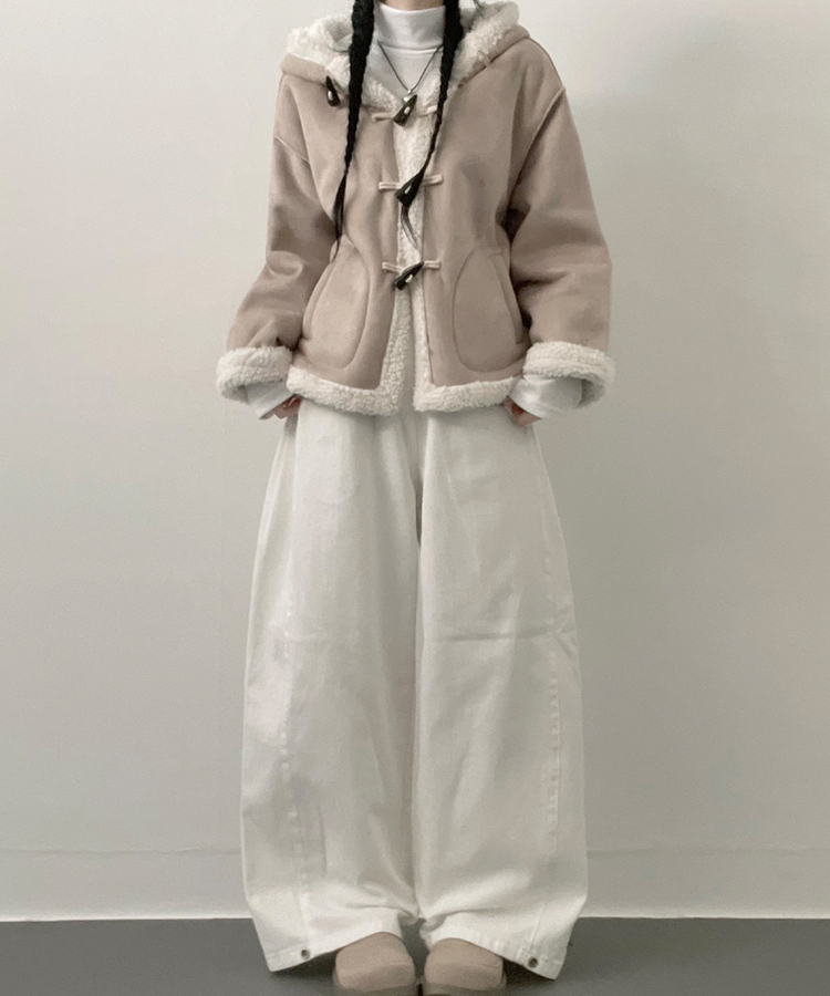 스웨이드떡볶이더플양털후드숏자켓무스탕 베이지