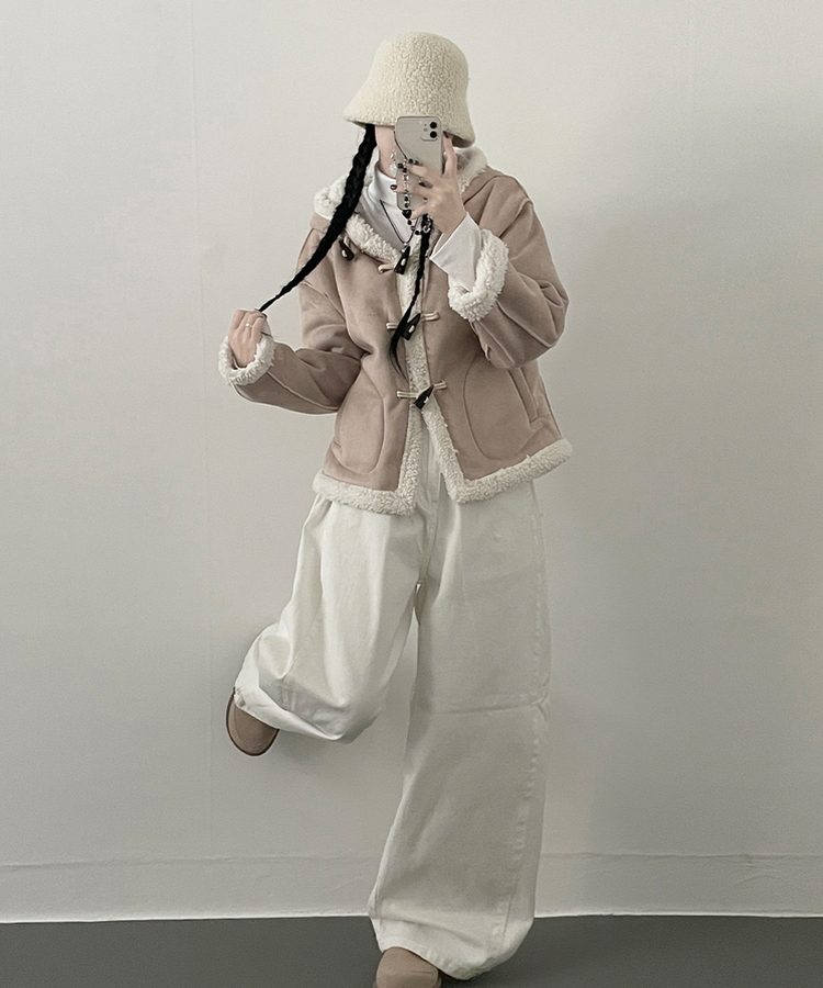 스웨이드떡볶이더플양털후드숏자켓무스탕 베이지