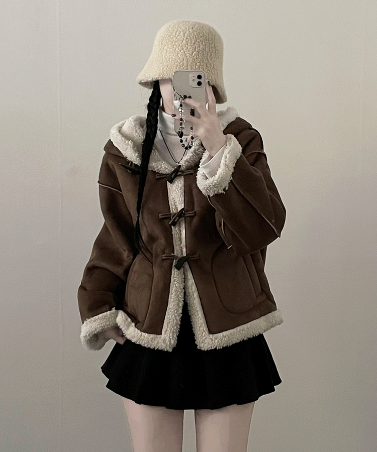 스웨이드떡볶이더플양털후드숏자켓무스탕 밤색