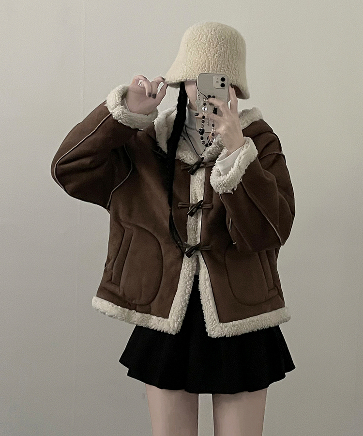 스웨이드떡볶이더플양털후드숏자켓무스탕 밤색