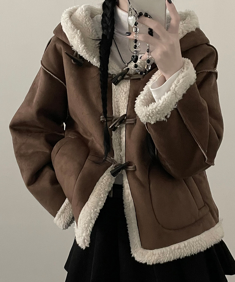 스웨이드떡볶이더플양털후드숏자켓무스탕 밤색