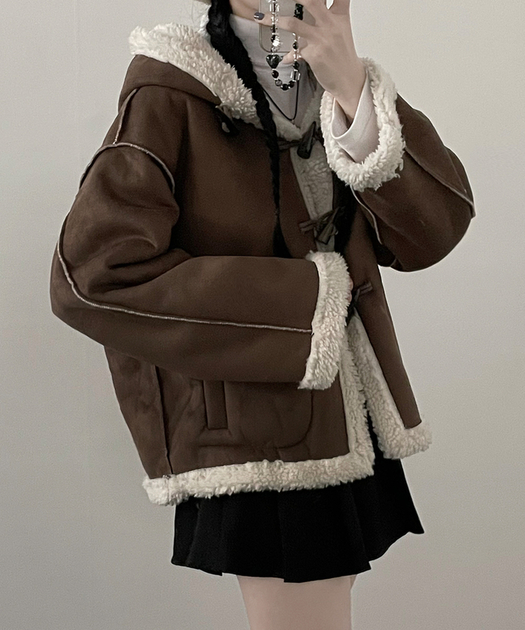 스웨이드떡볶이더플양털후드숏자켓무스탕 밤색