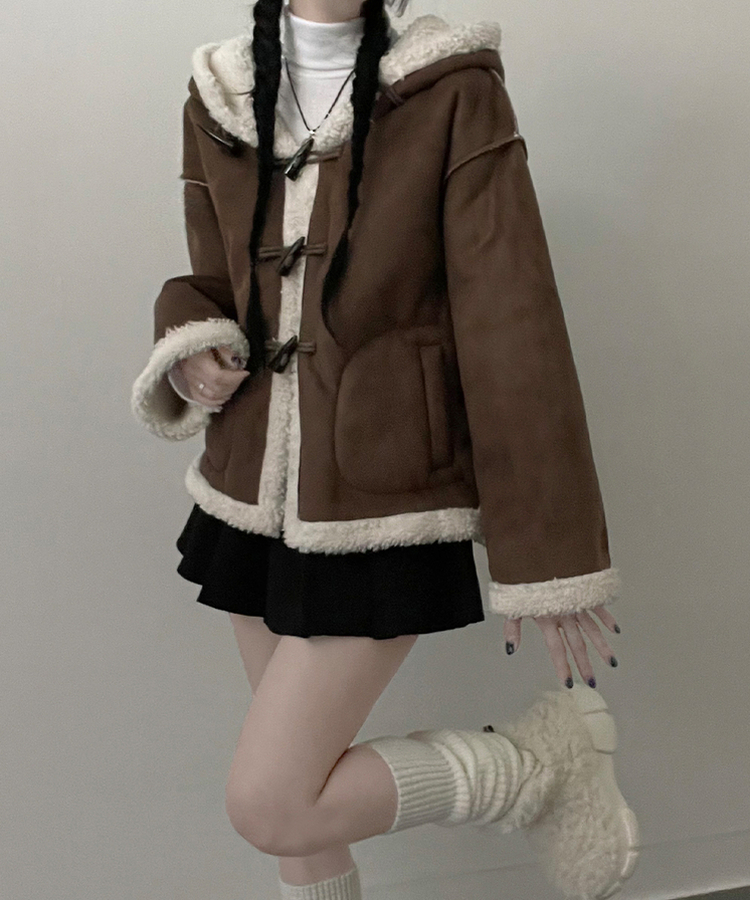 스웨이드떡볶이더플양털후드숏자켓무스탕 밤색