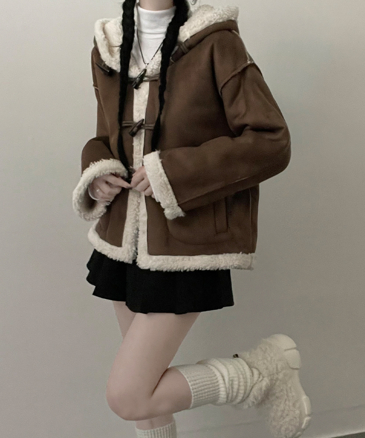 스웨이드떡볶이더플양털후드숏자켓무스탕 밤색