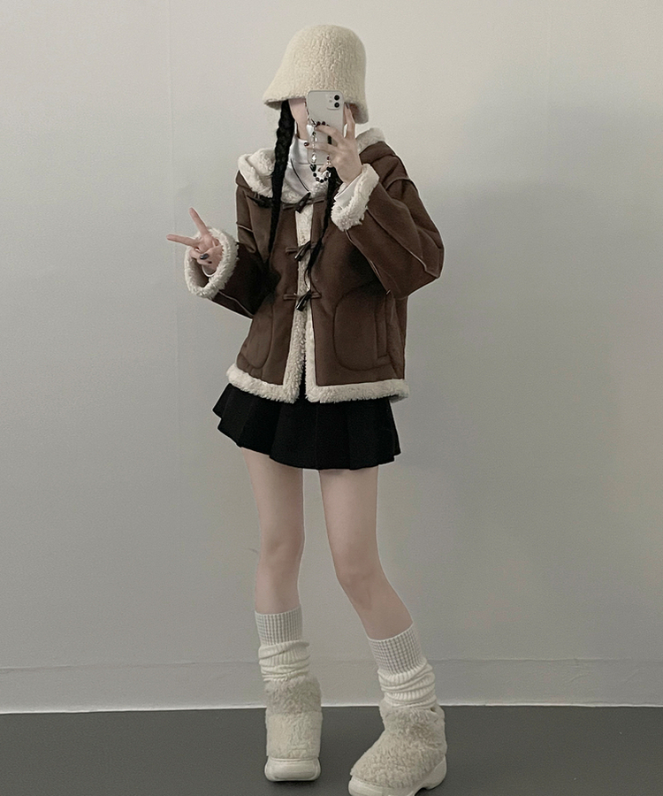 스웨이드떡볶이더플양털후드숏자켓무스탕 밤색