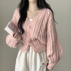 Vネックアクリルレイヤードケーブルニットカーディガン(5color