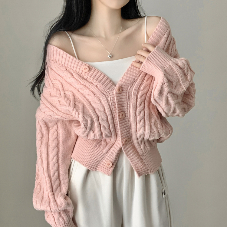 Vネックアクリルレイヤードケーブルニットカーディガン(5color