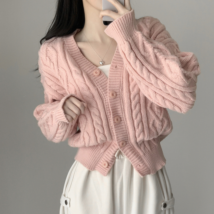 Vネックアクリルレイヤードケーブルニットカーディガン(5color