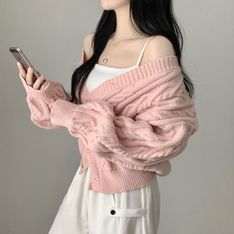 Vネックアクリルレイヤードケーブルニットカーディガン(5color