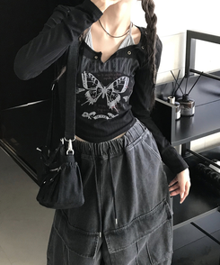 バッグ デニムツーポケットバックルショルダーバッグ BLACK