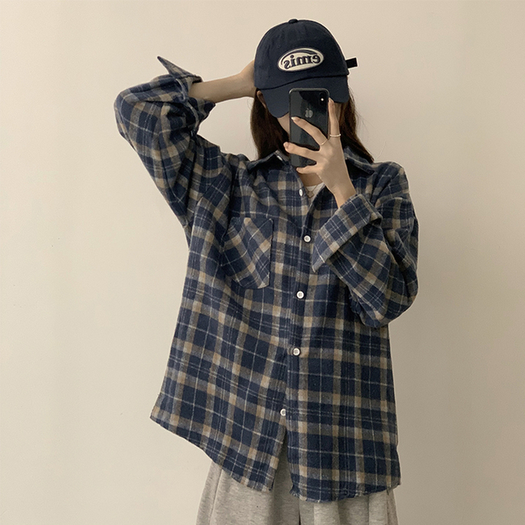 빈티지 무드 그득 쿠앤크 카라 오버핏 가을 긴팔 체크셔츠 박시핏 겨울 포켓 데일리 통통 남방 3color 블루