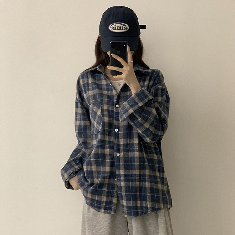 빈티지 무드 그득 쿠앤크 카라 오버핏 가을 긴팔 체크셔츠 박시핏 겨울 포켓 데일리 통통 남방 3color 블루
