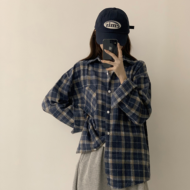 빈티지 무드 그득 쿠앤크 카라 오버핏 가을 긴팔 체크셔츠 박시핏 겨울 포켓 데일리 통통 남방 3color 블루