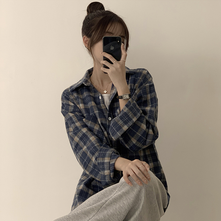 빈티지 무드 그득 쿠앤크 카라 오버핏 가을 긴팔 체크셔츠 박시핏 겨울 포켓 데일리 통통 남방 3color 블루