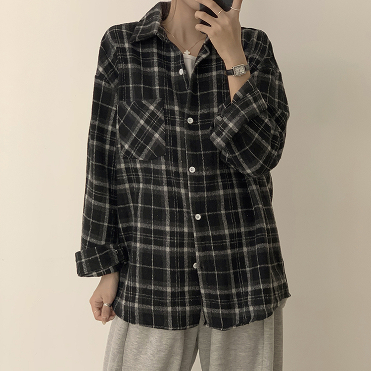 빈티지 무드 그득 쿠앤크 카라 오버핏 가을 긴팔 체크셔츠 박시핏 겨울 포켓 데일리 통통 남방 3color 블랙