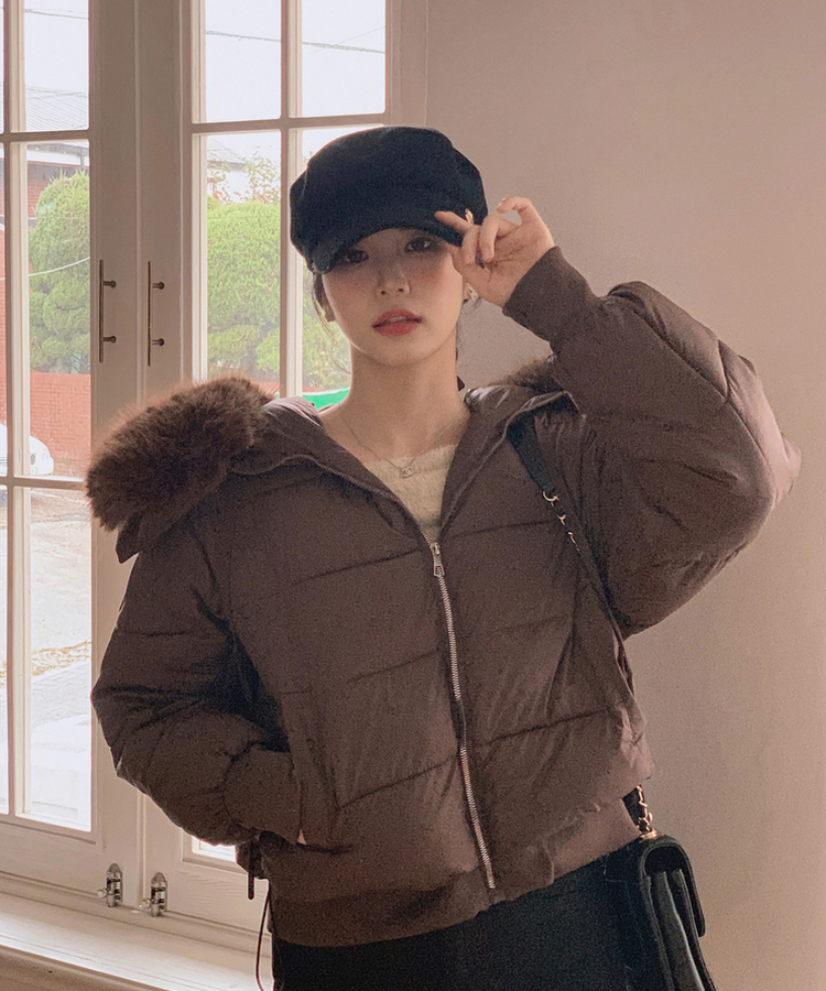 ポケットファスナーフェイクファーショートダウンジャケット