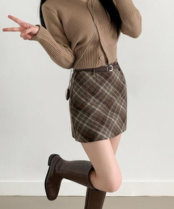 【ベルト付き】クラシックチェックパターンミニスカート BROWN
