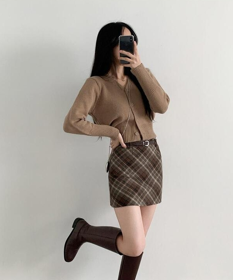 【ベルト付き】クラシックチェックパターンミニスカート BROWN