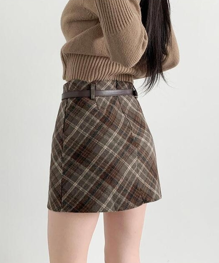 【ベルト付き】クラシックチェックパターンミニスカート BROWN