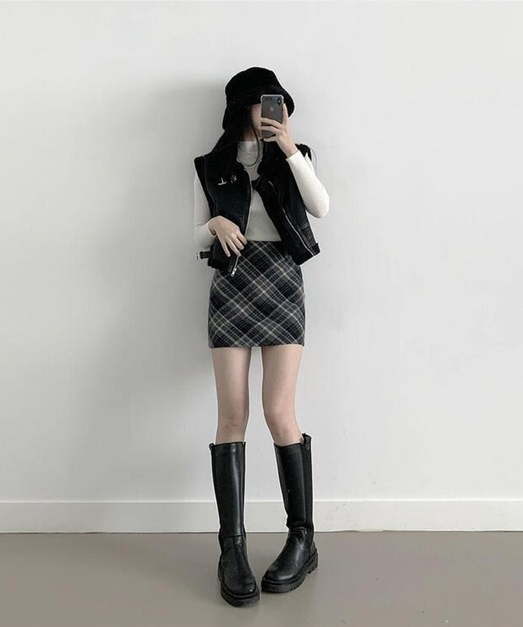 【ベルト付き】クラシックチェックパターンミニスカート CHARCOAL