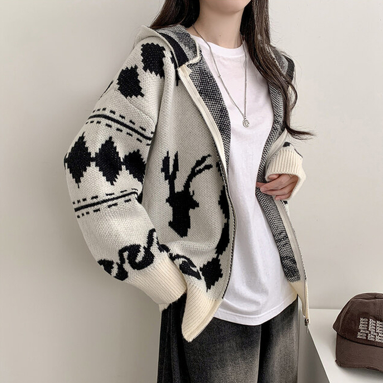 ノルディックビンテージニットフードジップアップ｜ジャンパー｜韓国