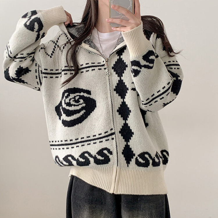 ノルディックビンテージニットフードジップアップ｜ジャンパー｜韓国