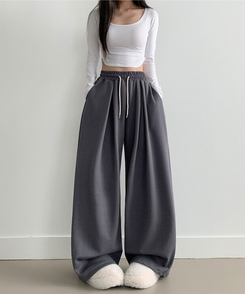 최저가 에드 허리 쭈리 밴딩 와이드 사이드핀턱 투핀턱 트레이닝 롱 팬츠 차콜