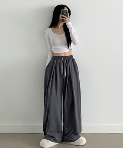 최저가 에드 허리 쭈리 밴딩 와이드 사이드핀턱 투핀턱 트레이닝 롱 팬츠 차콜