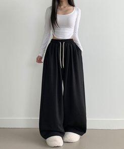 최저가 에드 허리 쭈리 밴딩 와이드 사이드핀턱 투핀턱 트레이닝 롱 팬츠 블랙