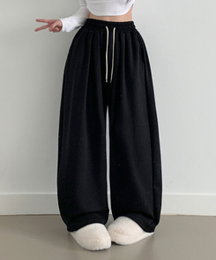 최저가 에드 허리 쭈리 밴딩 와이드 사이드핀턱 투핀턱 트레이닝 롱 팬츠 블랙