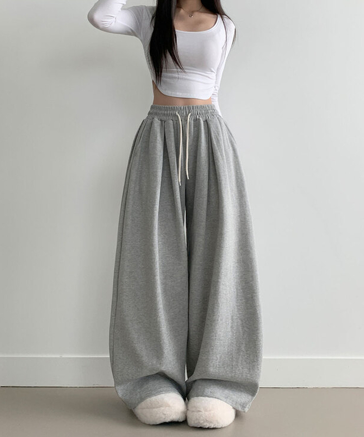 최저가 에드 허리 쭈리 밴딩 와이드 사이드핀턱 투핀턱 트레이닝 롱 팬츠 그레이