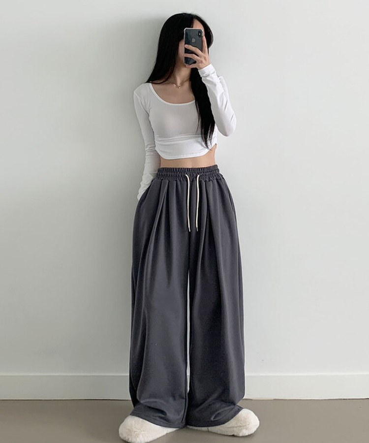 최저가 에드 허리 쭈리 밴딩 와이드 사이드핀턱 투핀턱 트레이닝 롱 팬츠 차콜