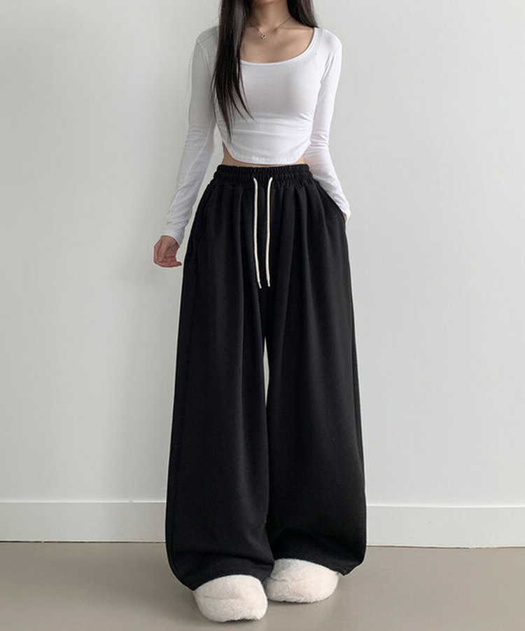 최저가 에드 허리 쭈리 밴딩 와이드 사이드핀턱 투핀턱 트레이닝 롱 팬츠 블랙