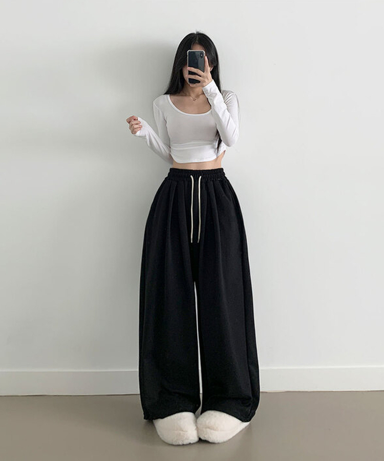 최저가 에드 허리 쭈리 밴딩 와이드 사이드핀턱 투핀턱 트레이닝 롱 팬츠 블랙