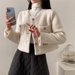 L【新品インポートセレクト】パステルイエローツイードジャケットコサージュ付き カラーツイード・ノーカラーVジャケット/40代50代からのレディース