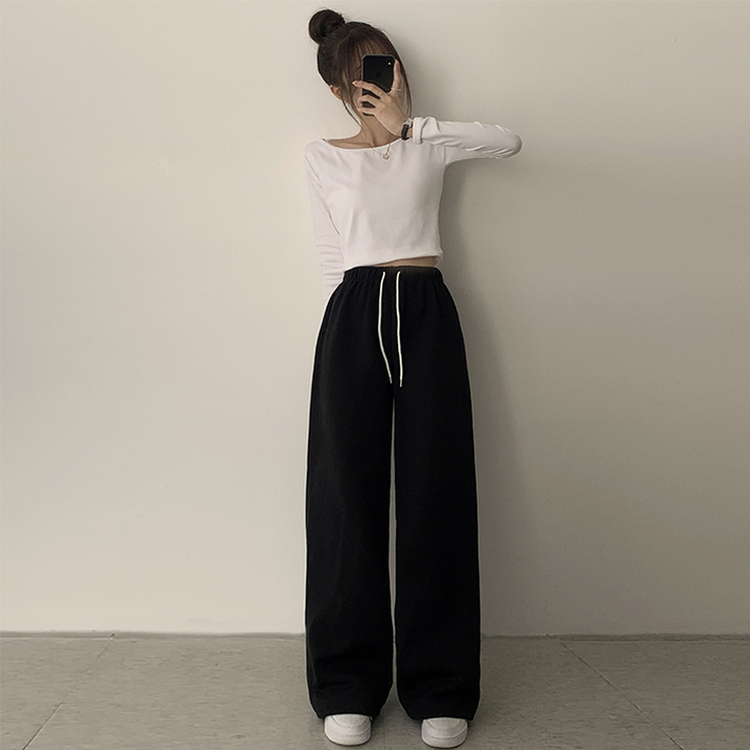 【丈別】【起毛】ロングワイドトレーニングパンツ(11color) BLACK