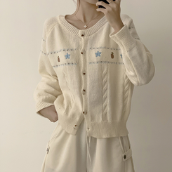 스타 라운드 오버핏 긴팔 데일리 가을 아우터 겨울 니트 가디건 3color 화이트