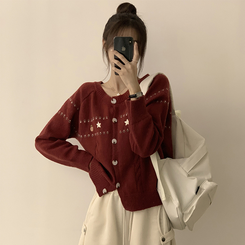 스타 라운드 오버핏 긴팔 데일리 가을 아우터 겨울 니트 가디건 3color 레드