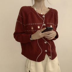 스타 라운드 오버핏 긴팔 데일리 가을 아우터 겨울 니트 가디건 3color 레드