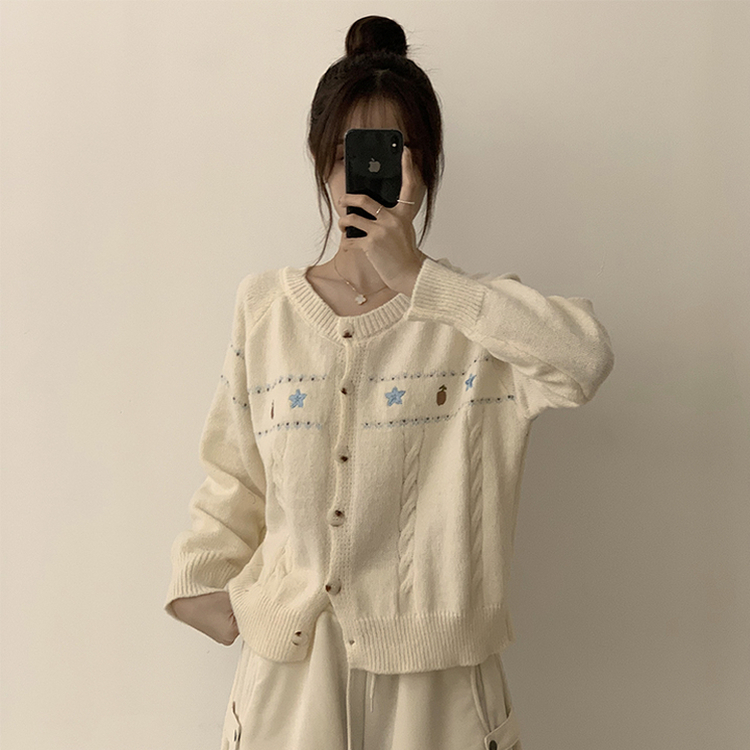 스타 라운드 오버핏 긴팔 데일리 가을 아우터 겨울 니트 가디건 3color 화이트