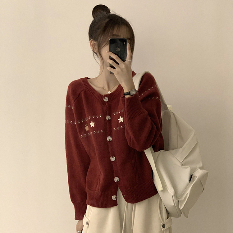 스타 라운드 오버핏 긴팔 데일리 가을 아우터 겨울 니트 가디건 3color 레드