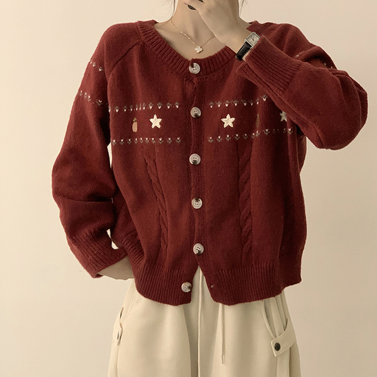 스타 라운드 오버핏 긴팔 데일리 가을 아우터 겨울 니트 가디건 3color 레드