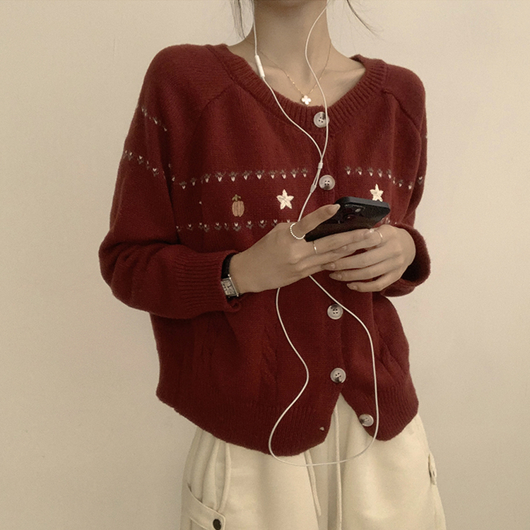 스타 라운드 오버핏 긴팔 데일리 가을 아우터 겨울 니트 가디건 3color 레드